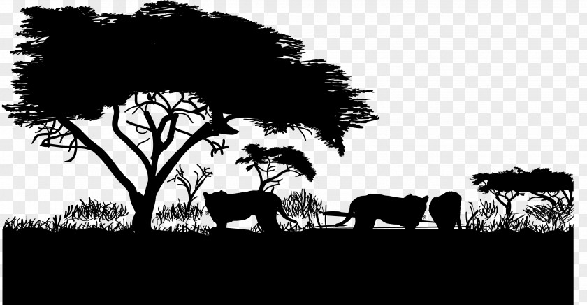 Black And White African Grassland Cheetah Lion Silhouette PNG