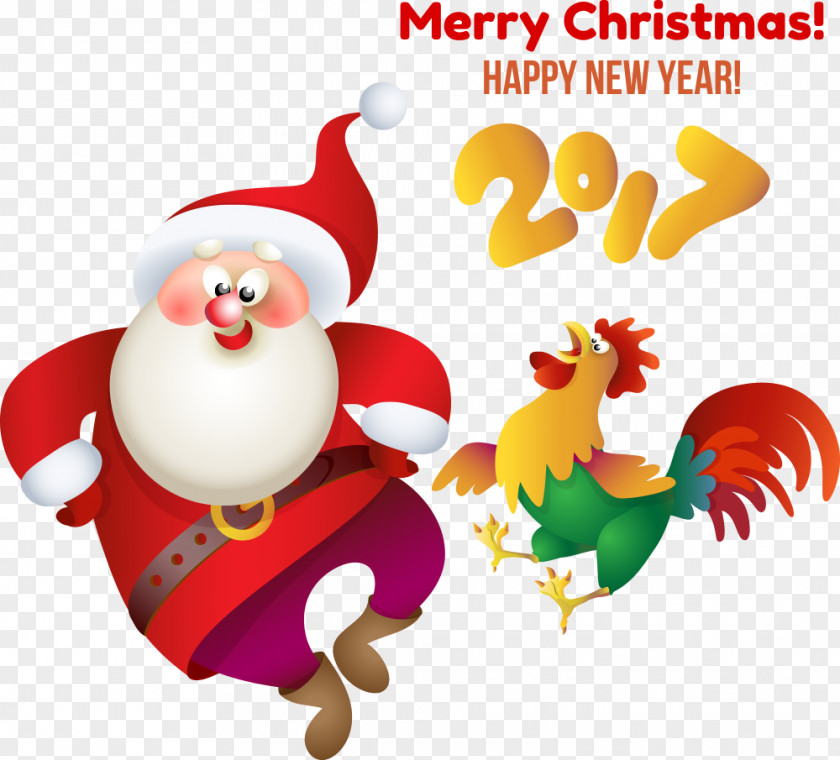Vector Red Santa Claus With Cock New Years Day Christmas PNG
