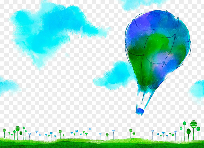 Hand Painted Watercolor Green Hot Air Balloon Painting Clip Art PNG