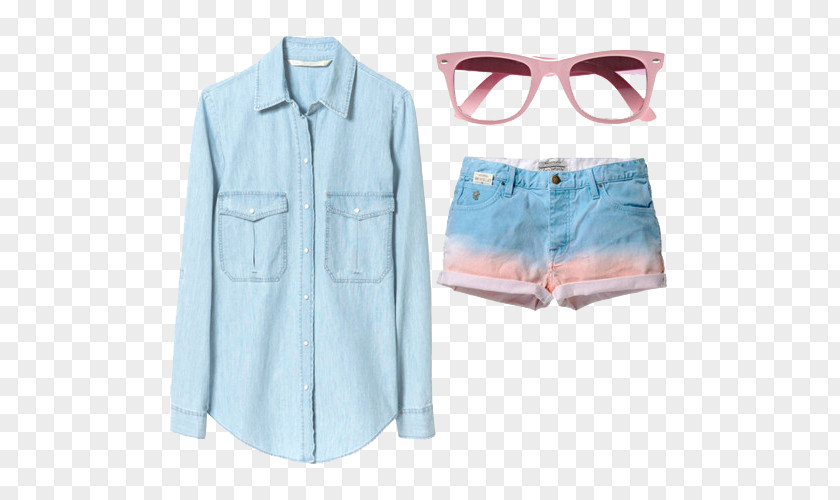 Denim Shirt With Blouse Jeans Shorts PNG