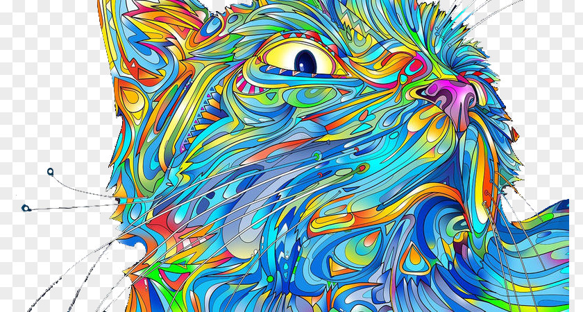 Hand-painted Colorful Cat Kitten Psychedelic Art Psychedelia PNG