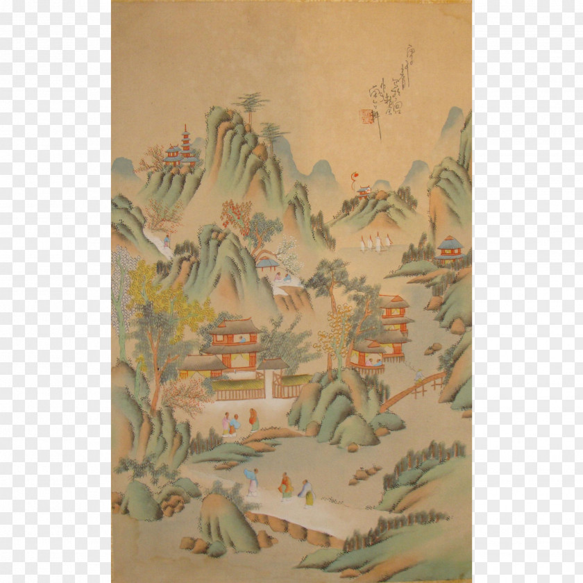 Hand Painted Chinese Painting Landscape Art Silk PNG