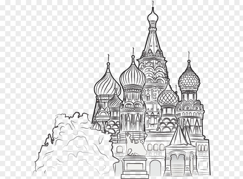 Hand-painted City Building Grand Kremlin Palace Saint Basils Cathedral Spasskaya Tower Moscow Clip Art PNG