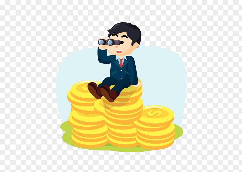 A Man Sitting On Gold Coin Cartoon Illustration PNG