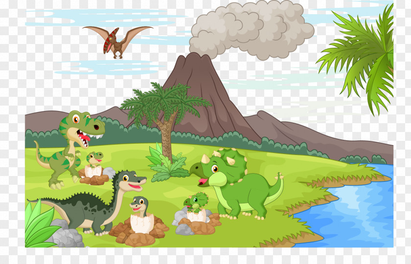 Vector Monster Tyrannosaurus Velociraptor Dinosaur Landscape PNG