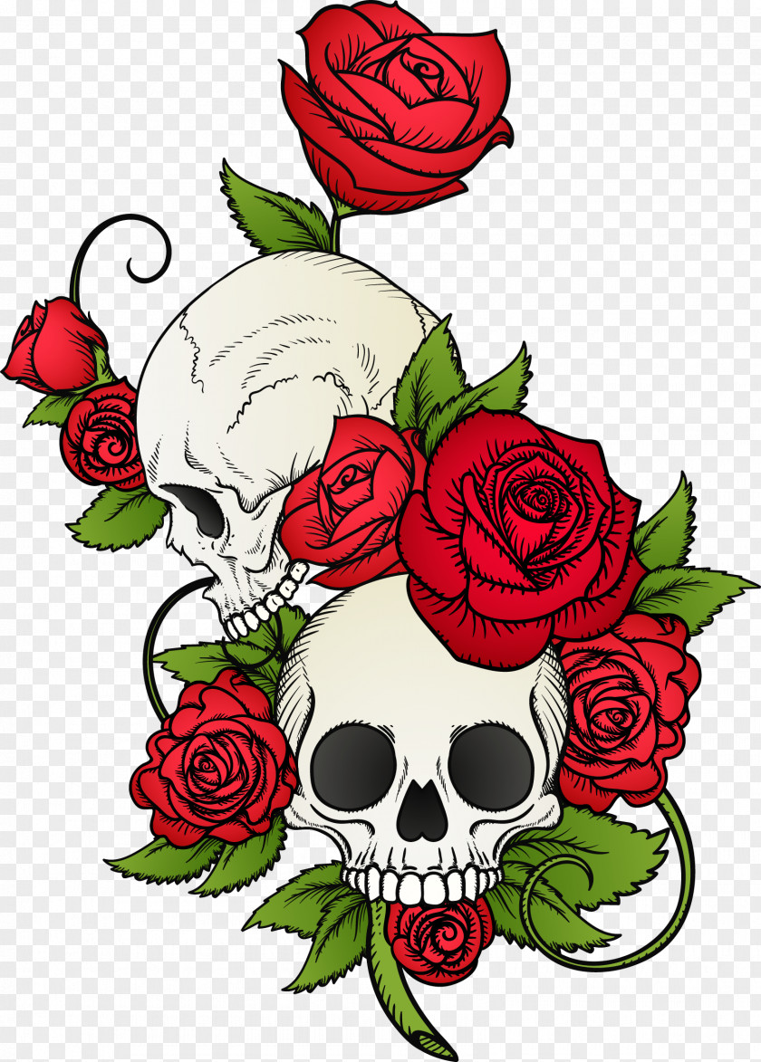 Vector Hand Painted Skull And Flowers Calavera Rose T-shirt Drawing PNG