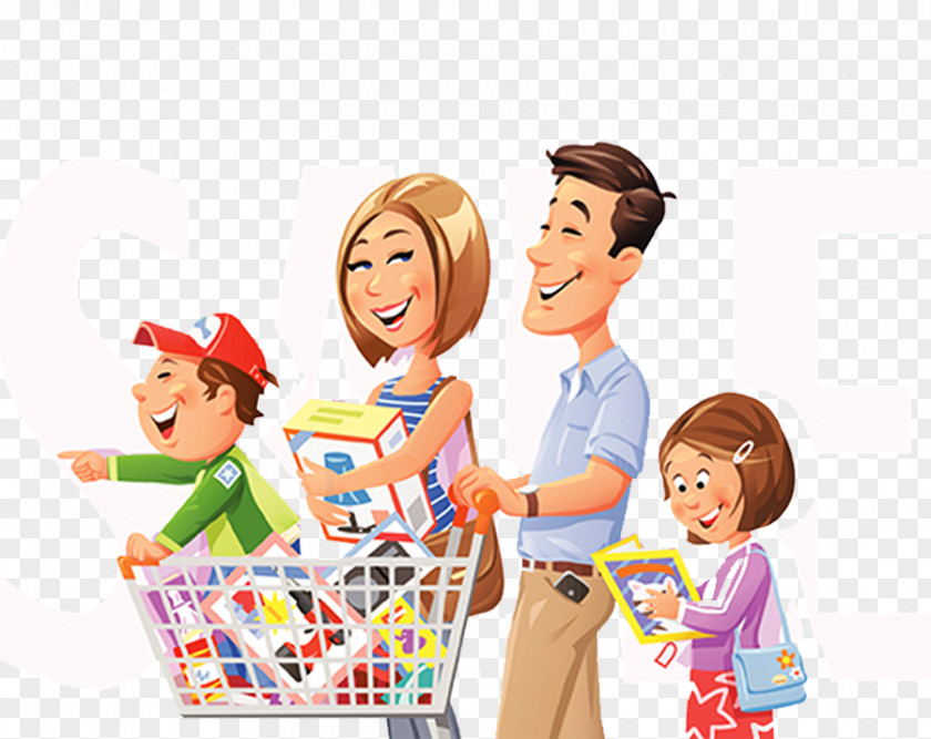 Cartoon Illustration Family Shopping Cart Stock PNG