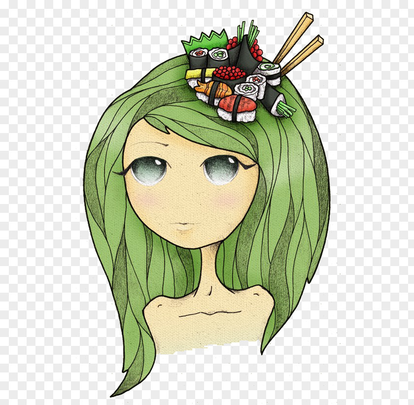 Green-haired Beauty Green Decoupage Illustration PNG