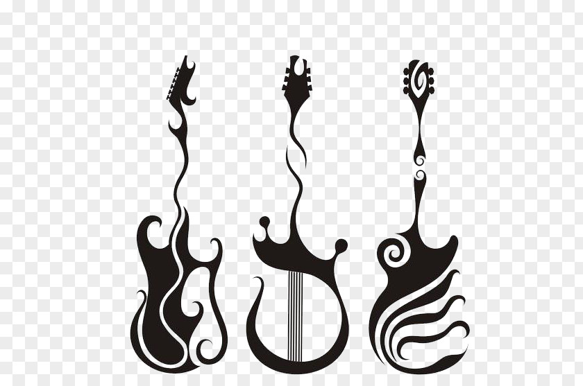 Three Black Guitar Tattoo Electric Design Sketch PNG