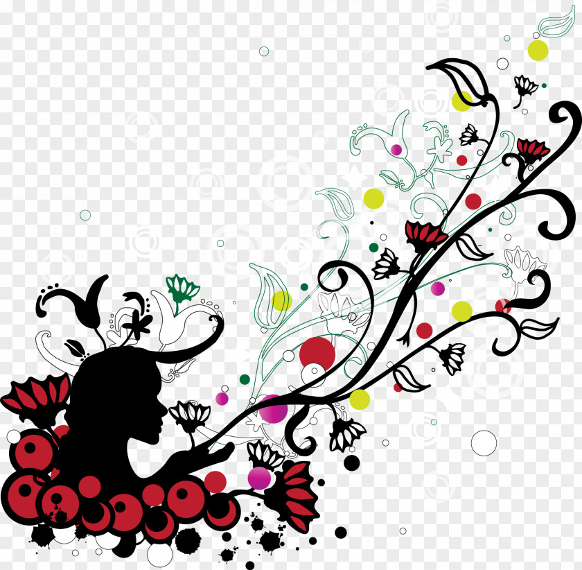 Vector Woman With Flowers Art Ornament PNG