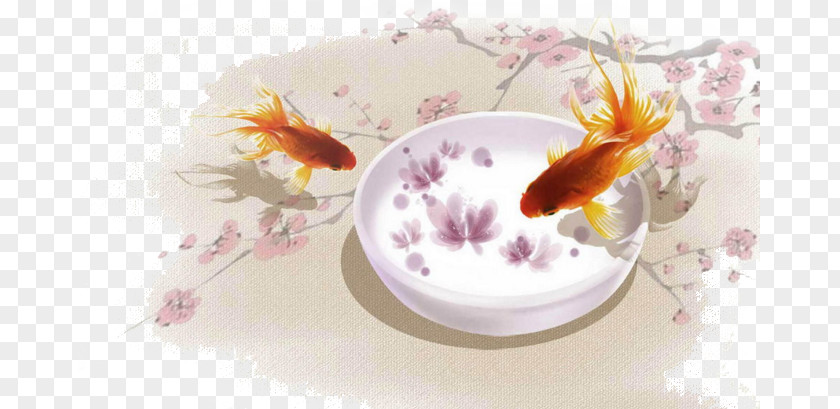 Antique Flowers Goldfish Mood China Chinese Art Painting PNG