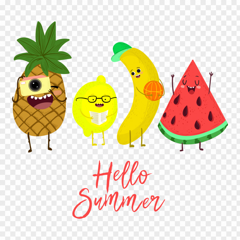 Happy Cute Summer Fruit Creative Illustrations Watermelon Banana Pineapple PNG