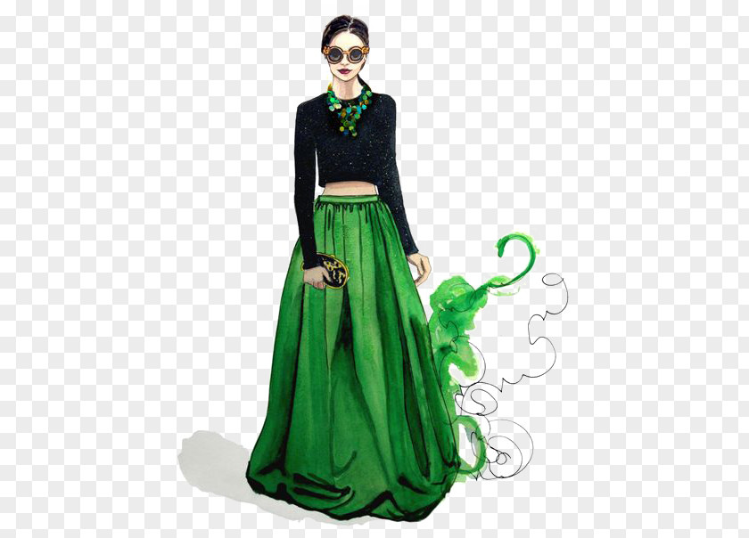 Green Dress Fashion Illustration Drawing Design PNG