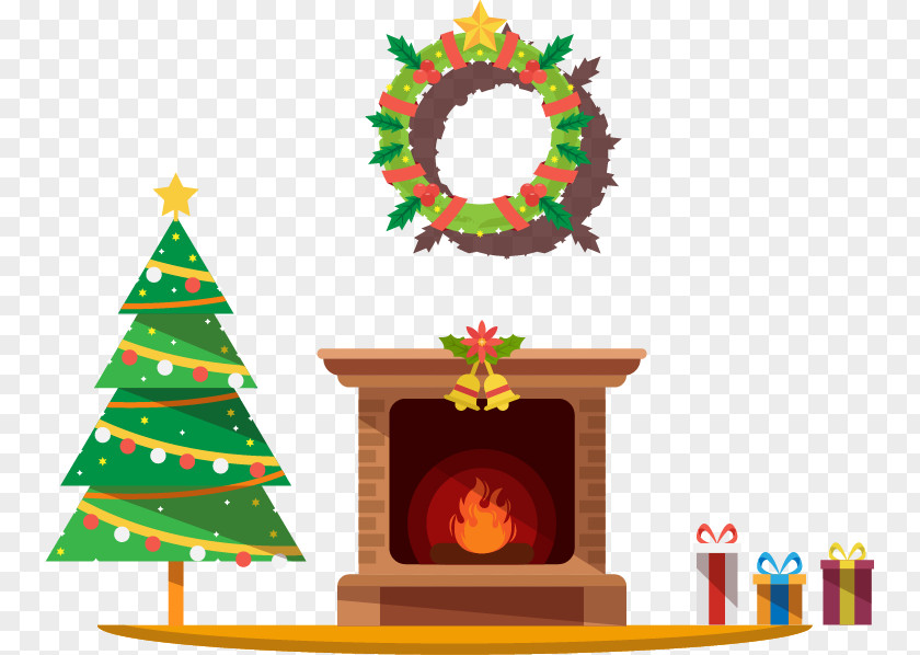 Cartoon Vector Christmas Gift Stove Tree Ornament Fireplace PNG
