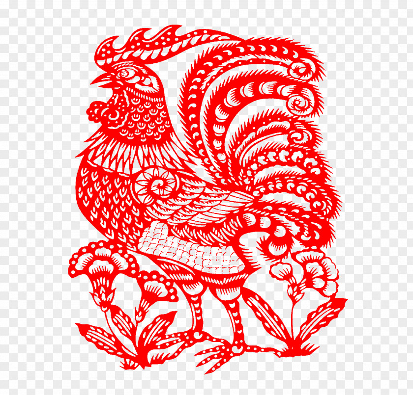 Red Golden Chicken Cut Paper China Chinese Zodiac New Year Rooster Astrology PNG