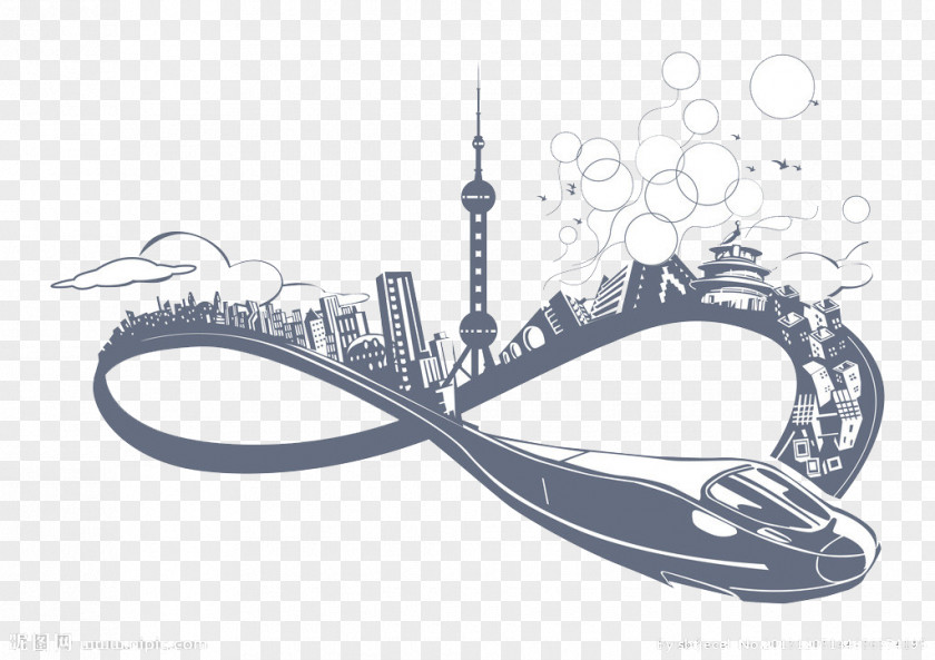 Hand-painted Train Oriental Pearl Tower Logo Silhouette PNG