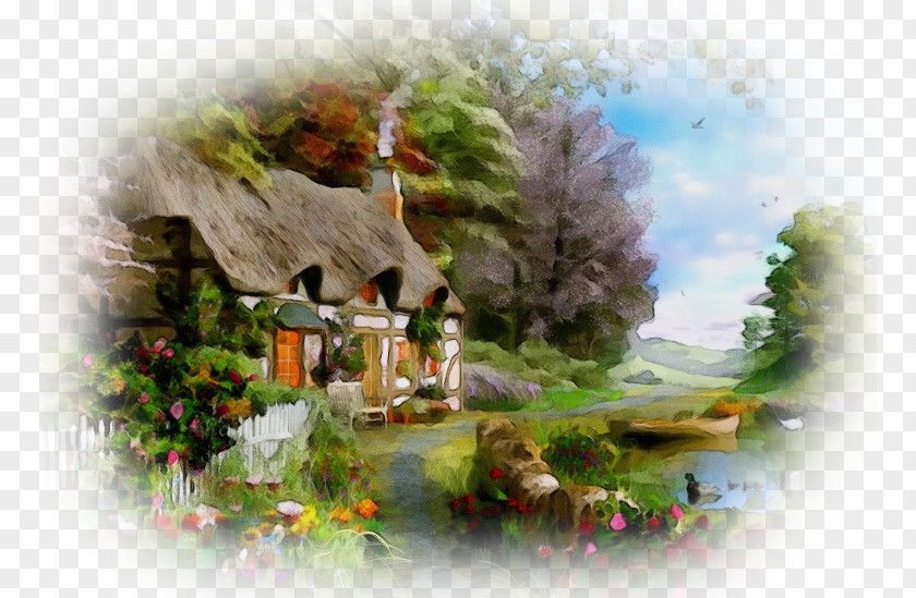 House Tree Natural Landscape Watercolor Paint Painting PNG