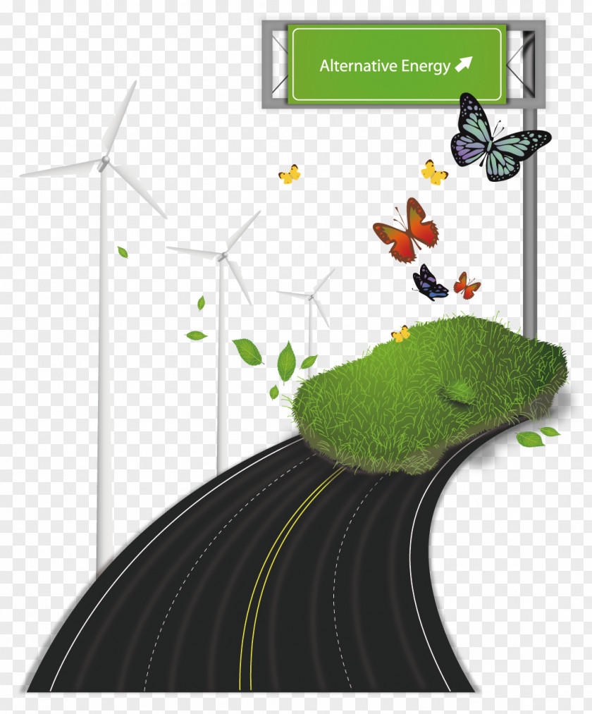 FIG Green Background Material Butterfly Road Illustration PNG