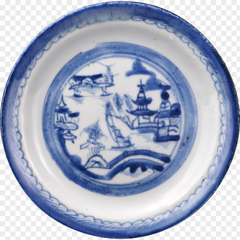 Blue And White Porcelain Plate Pottery Chinese Export Ceramics Canton PNG