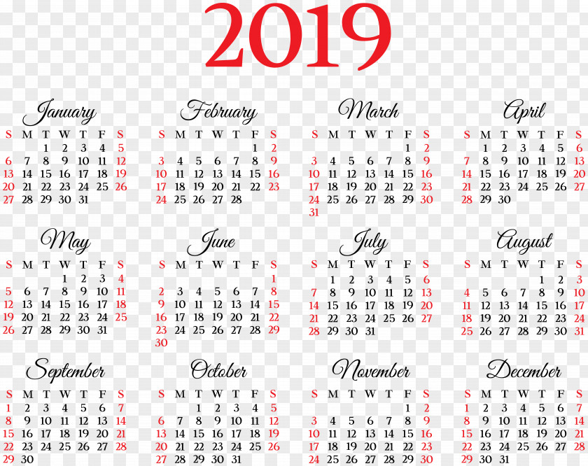 2019 Calender Vector Graphics Calendar Image (Week Starts Sunday) PNG