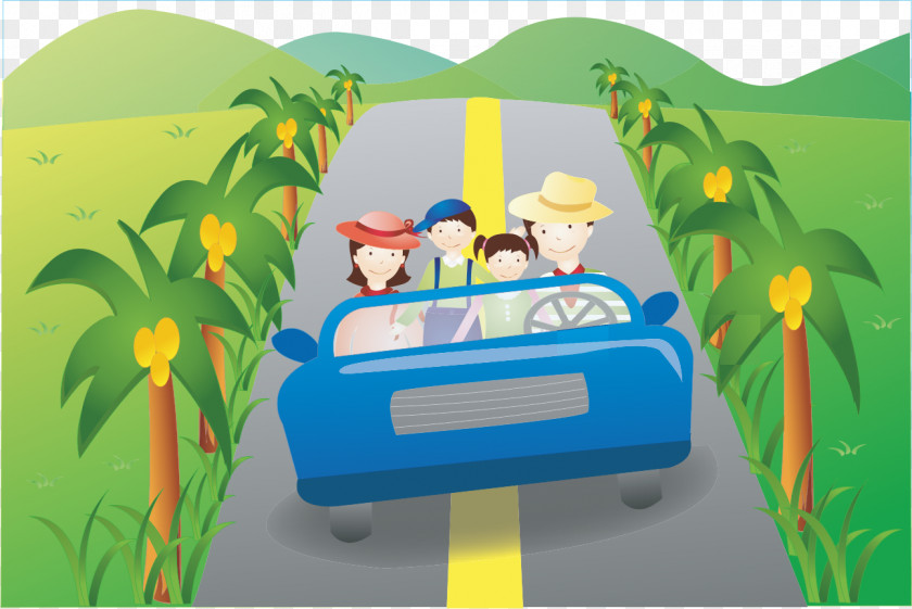 Highway Driving A Family Of Four Cartoon Road Animation Illustration PNG