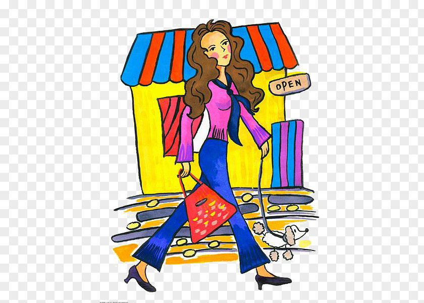 Cartoon Woman Shopping Material Illustration PNG