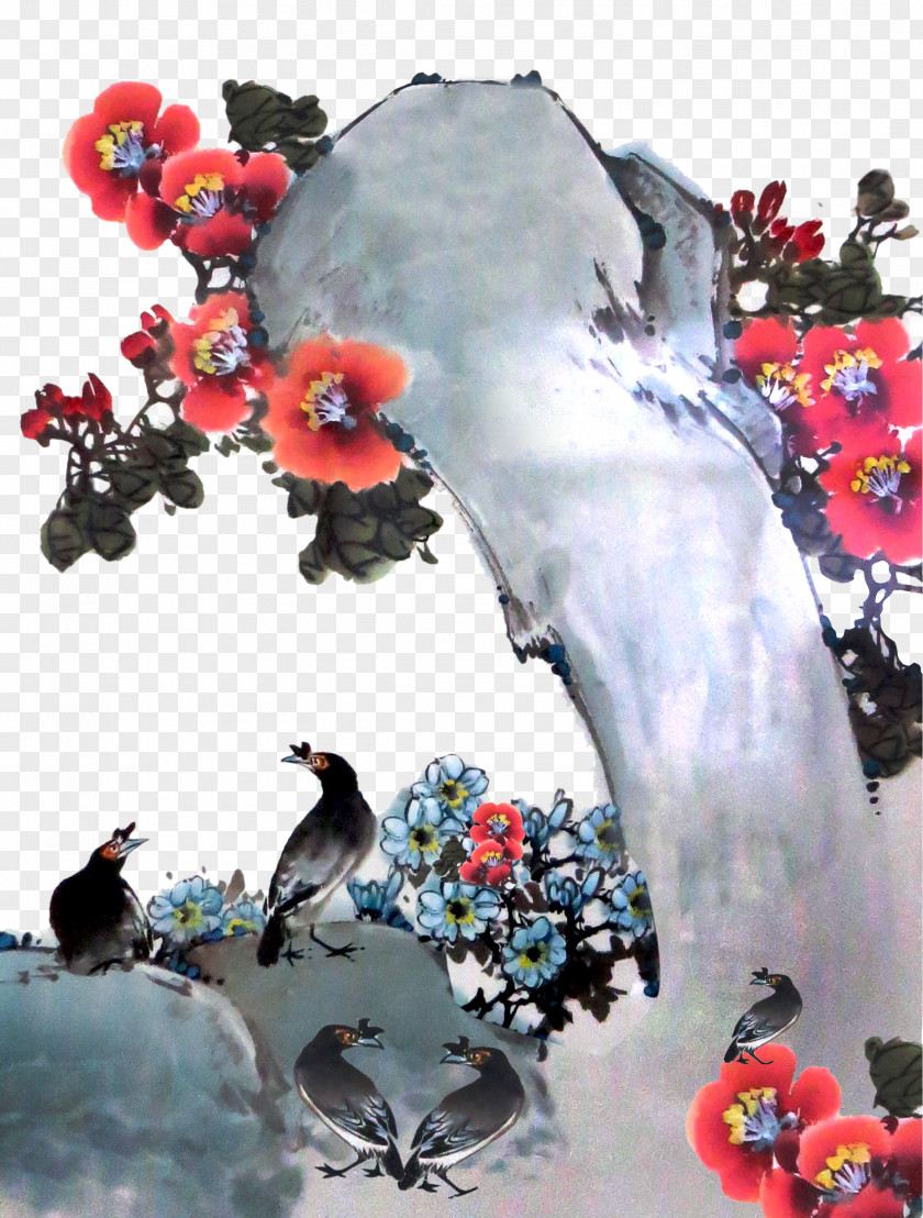 Flowers And Birds Ink Stone Bird Painting PNG