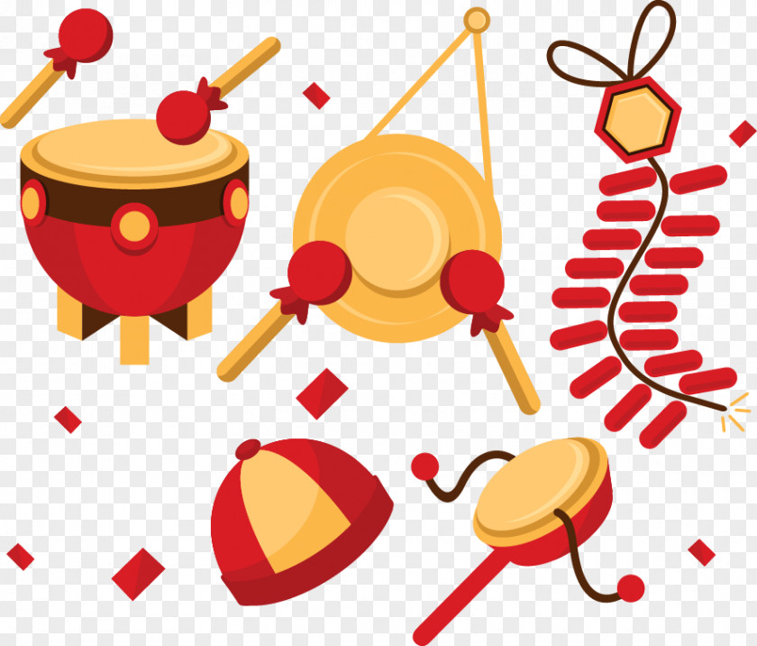 New Year's Day Fireworks Vector Cartoon Bone Tambourine Drum Chinese Year PNG