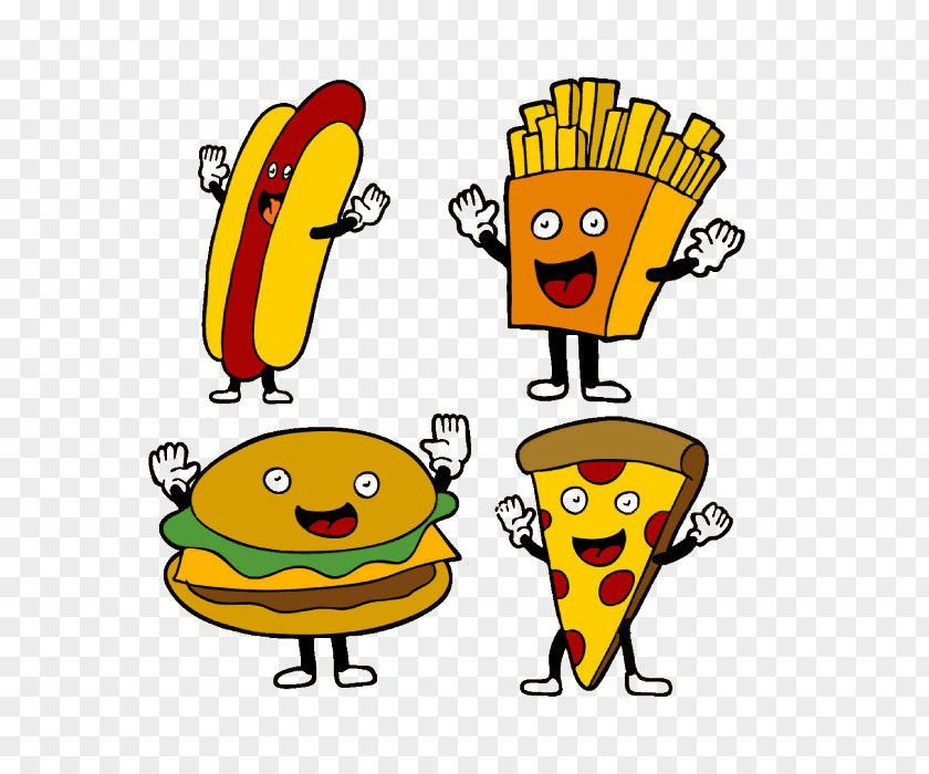 Cartoon Anthropomorphic Hot Dog Fries Hamburger Pizza Fast Food French Cheeseburger PNG