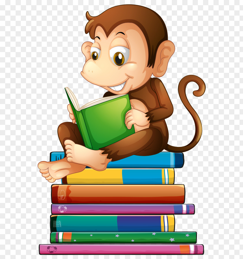 Hand-painted Cartoon Monkey Reading A Book Sitting On Books Chimpanzee Stock Photography Clip Art PNG