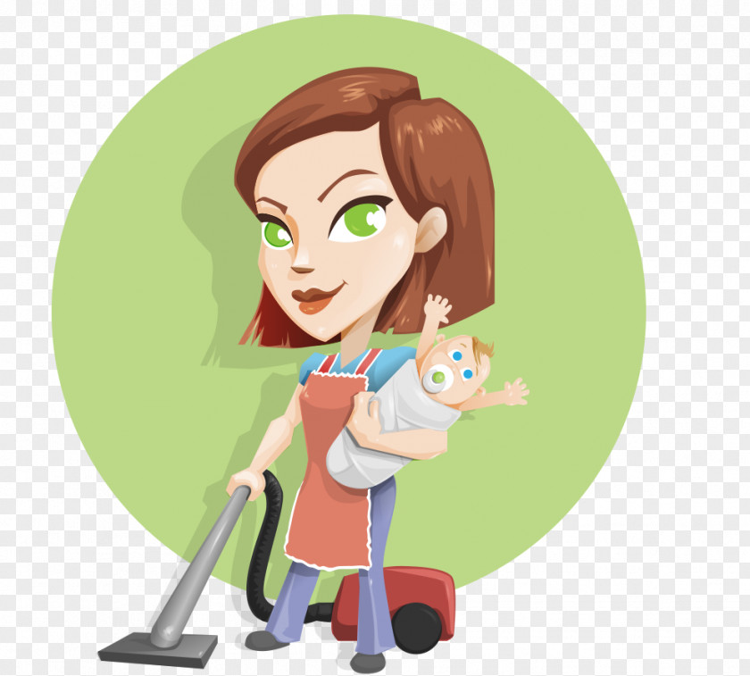 Hand-painted Cartoon Housewife Holding A Child PNG