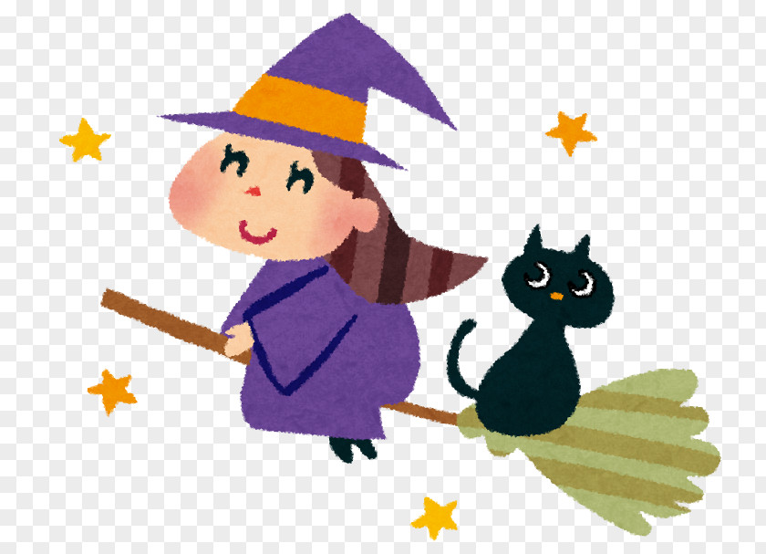 Halloween Witch Illustration Black Cat Broom PNG