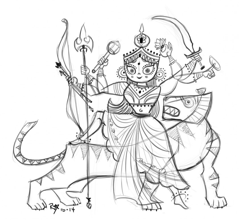Durga Maa Drawing Line Art Sketch PNG