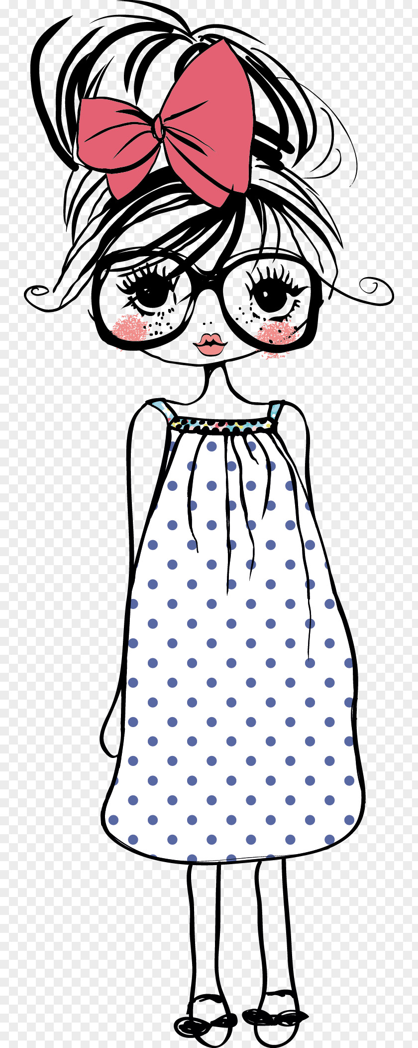 Girl Cartoon Drawing Illustration PNG Illustration, Cute cartoon girl, girl wearing white and blue polka-dot dress with pink bow illustration clipart PNG