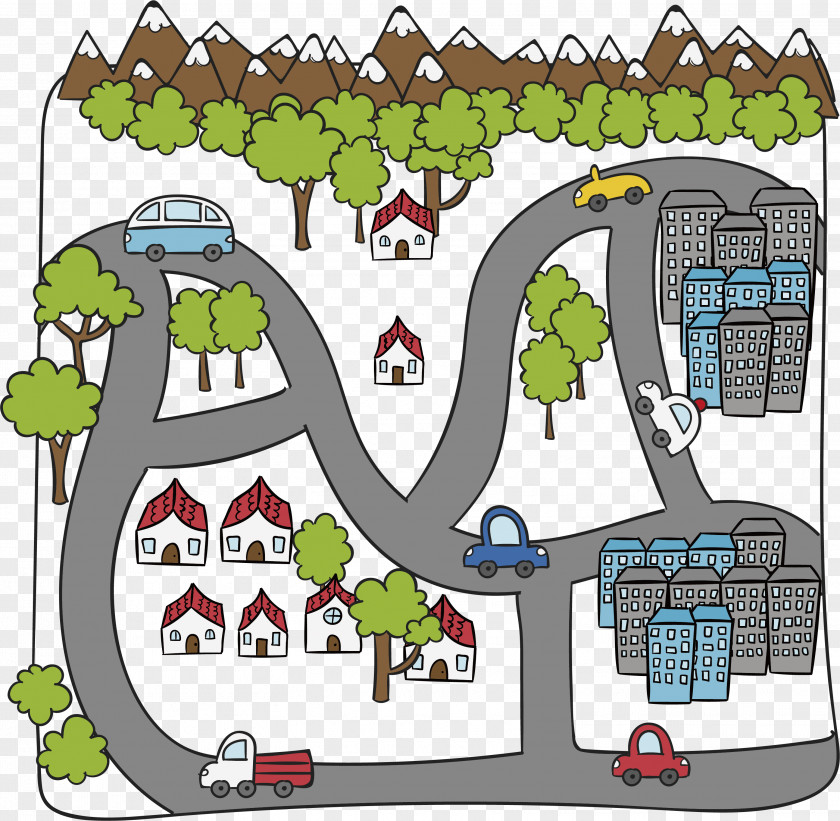HandPainted Urban Road Planning Cartoon Drawing PNG