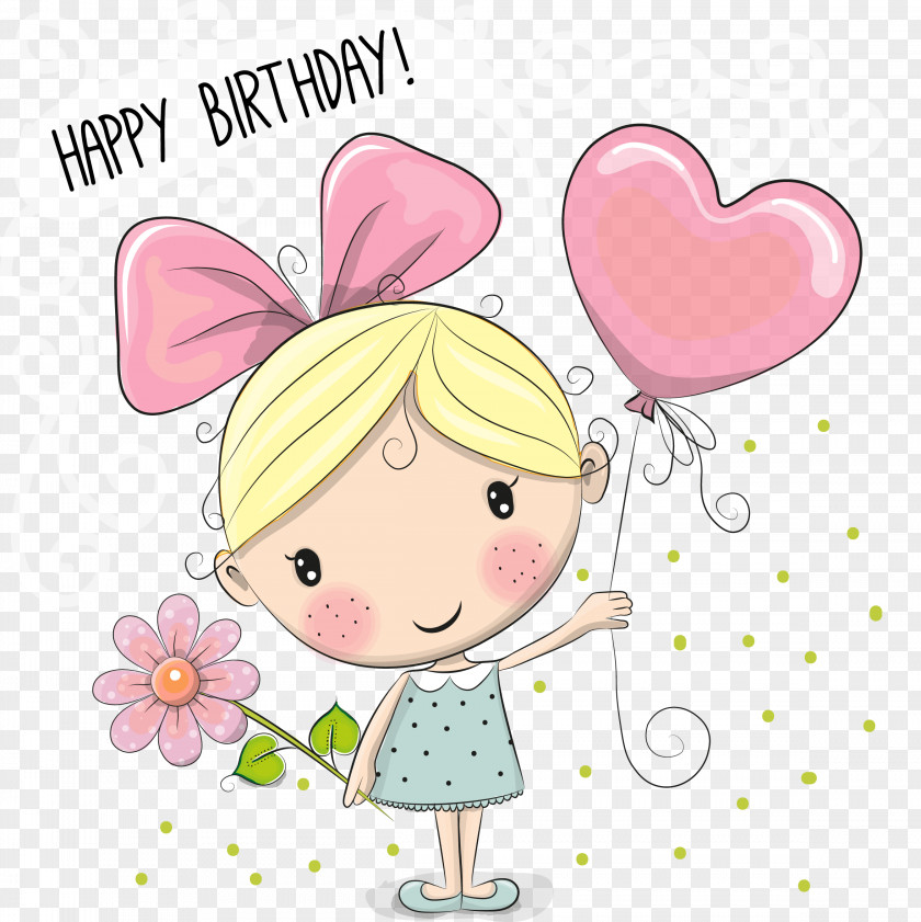 Birthday Cartoon PNG , little girl playing, yellow haired holding pink heart balloon with text overlay clipart PNG