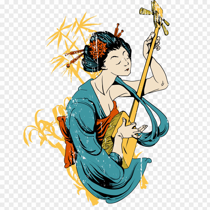 Japanese Geisha Vector Scroll Painting Japan Ukiyo-e PNG