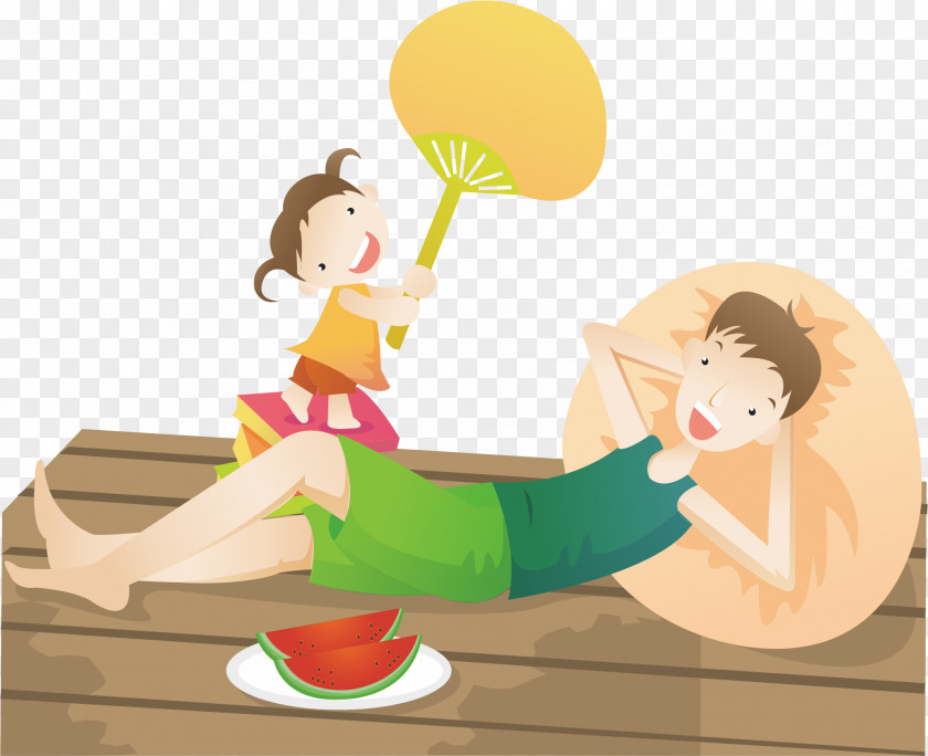 Father And Daughter Vacation Life To Eat Watermelon Shade Summer Cartoon Poster Photography Illustration PNG