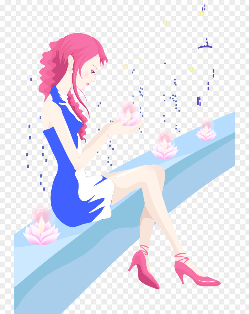 Vector Painted Beauty Sitting Stairs Clip Art PNG