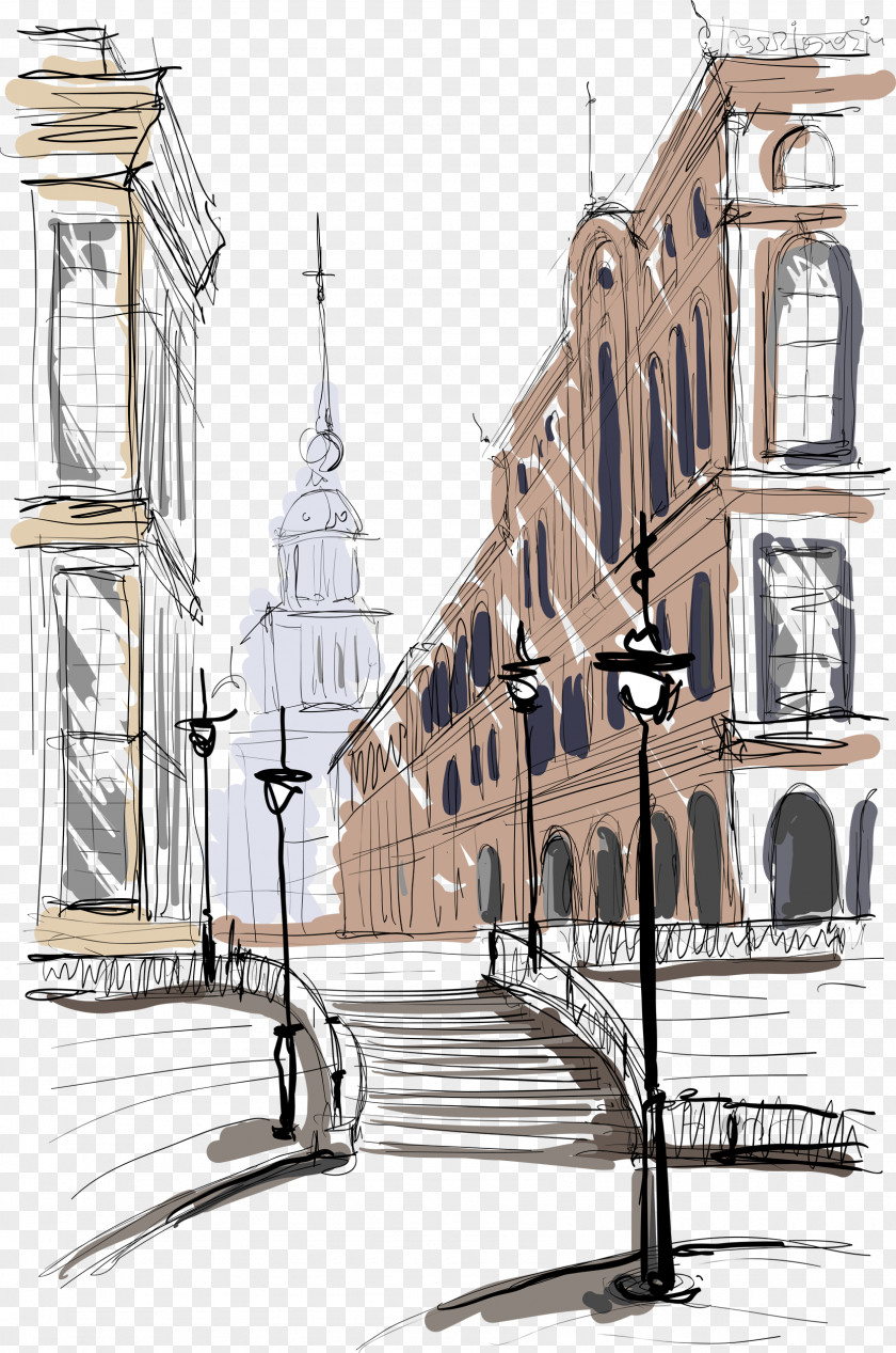 Color Ink Town Painting Architecture Drawing Building PNG