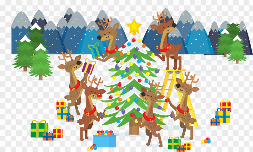 Decorated Christmas Tree Reindeer Santa Claus PNG