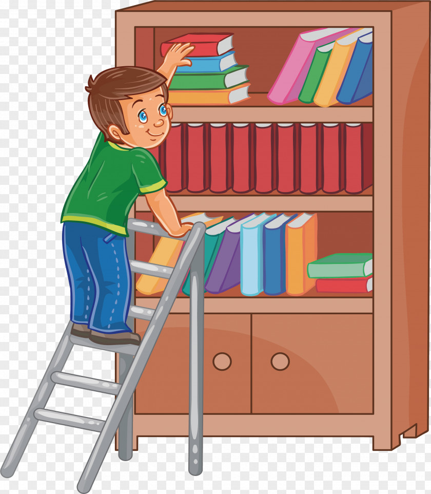 A Boy Climbing Shelf On Ladder Book Illustration PNG