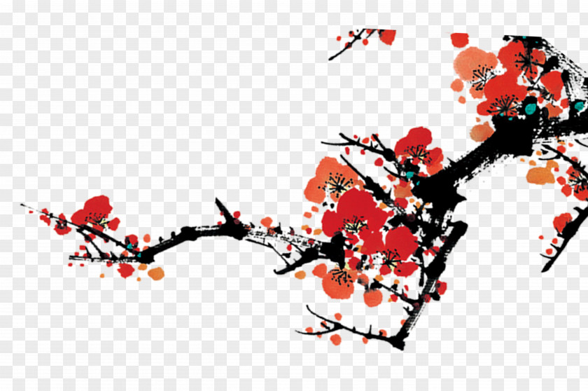 Ink Plum Lantern Chinese New Year Red Download PNG