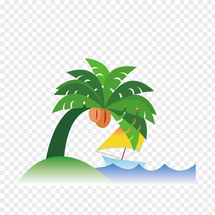 Sailing Coconut Trees Flat Design Sea Cartoon PNG