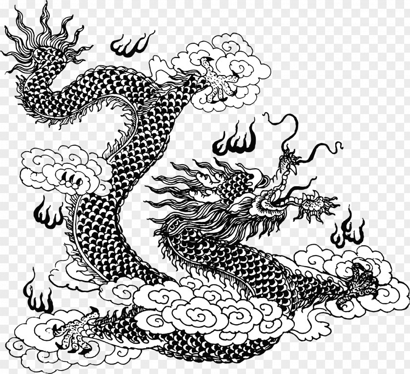 Bearded Dragon Chinese Line Art Mythology Clip PNG