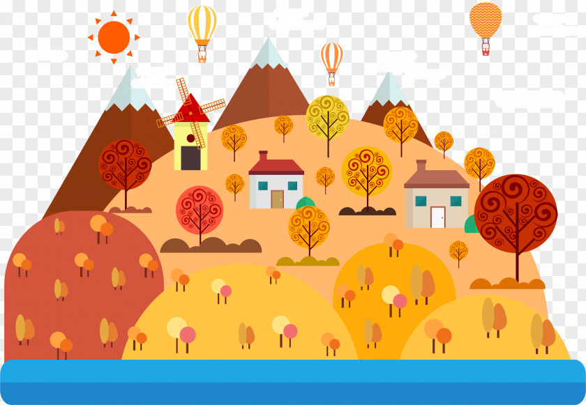 The Town Of Autumn Drawing Cartoon Landscape Illustration PNG