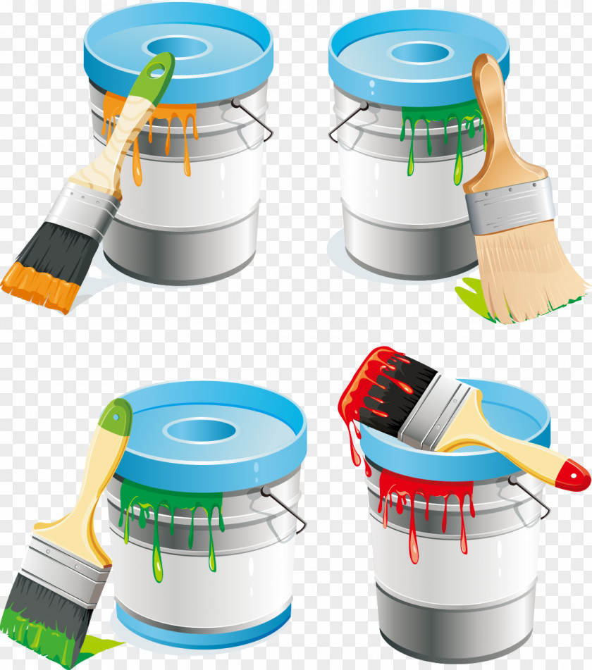 Color Paint Bucket Roller Brush PNG