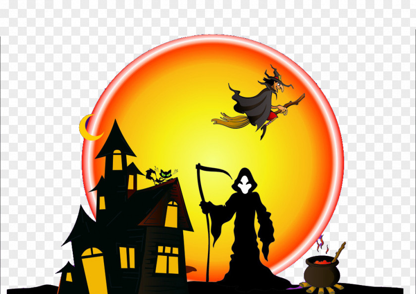 Witch Riding A Broom Halloween Wallpaper PNG