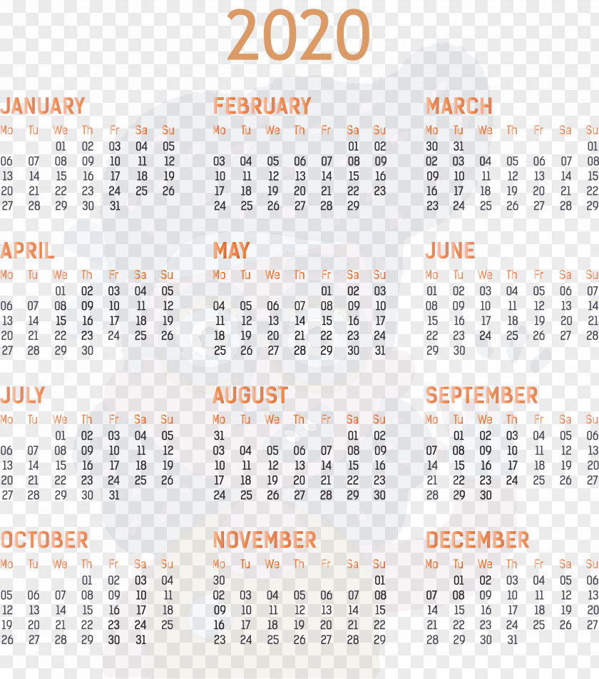 2020 Yearly Calendar Printable Template Full Year PNG