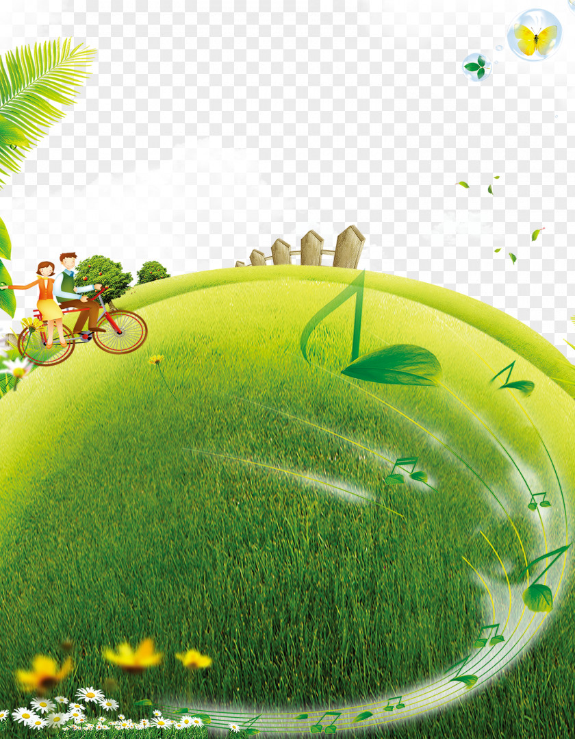 Green Grass Couple Ride Bike Decoration Background Lawn Bicycle PNG